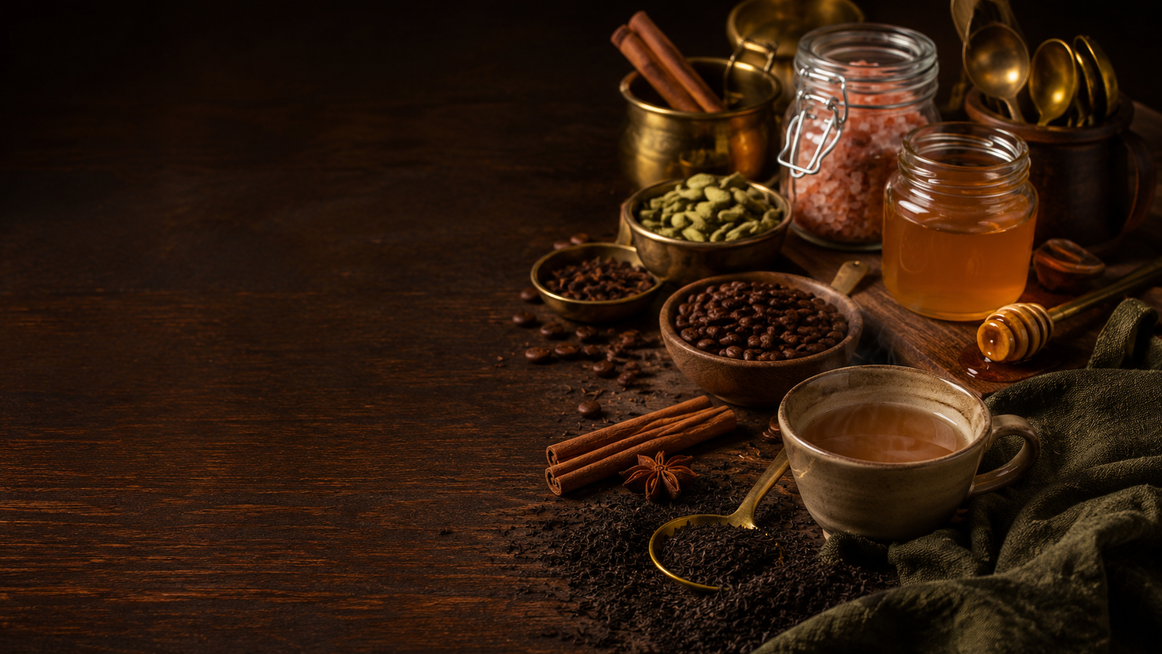 Tea, honey and spices on a pantry table